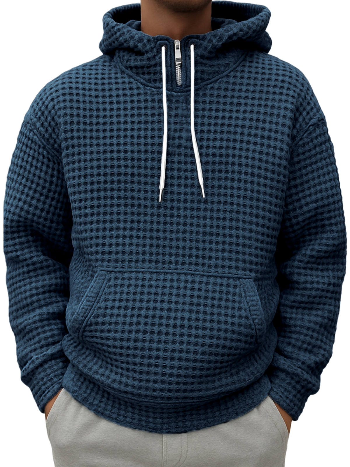 Men's Half-zip Plaid Textured Casual Hooded Sweatshirt