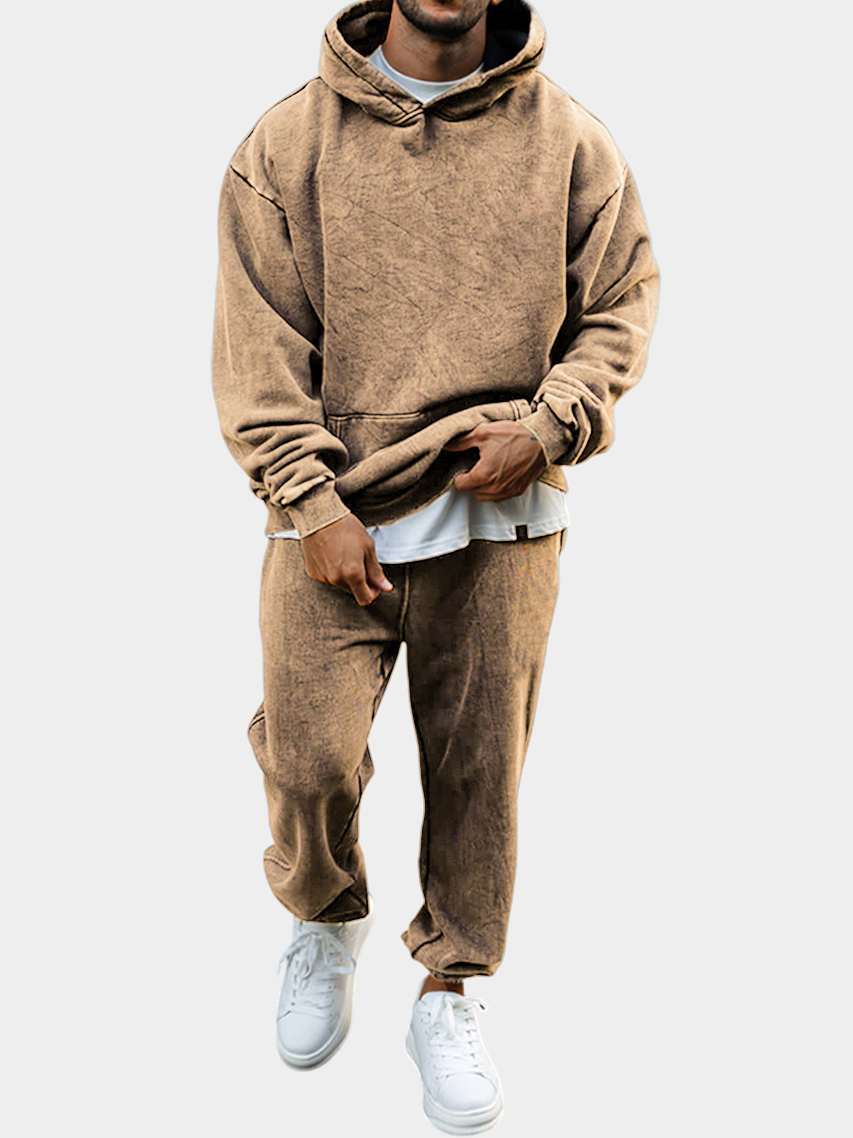 Men's Vintage Distressed Cotton Dyed Suit Hooded Sweatshirt and Sweatpants Stylish Two-piece Set
