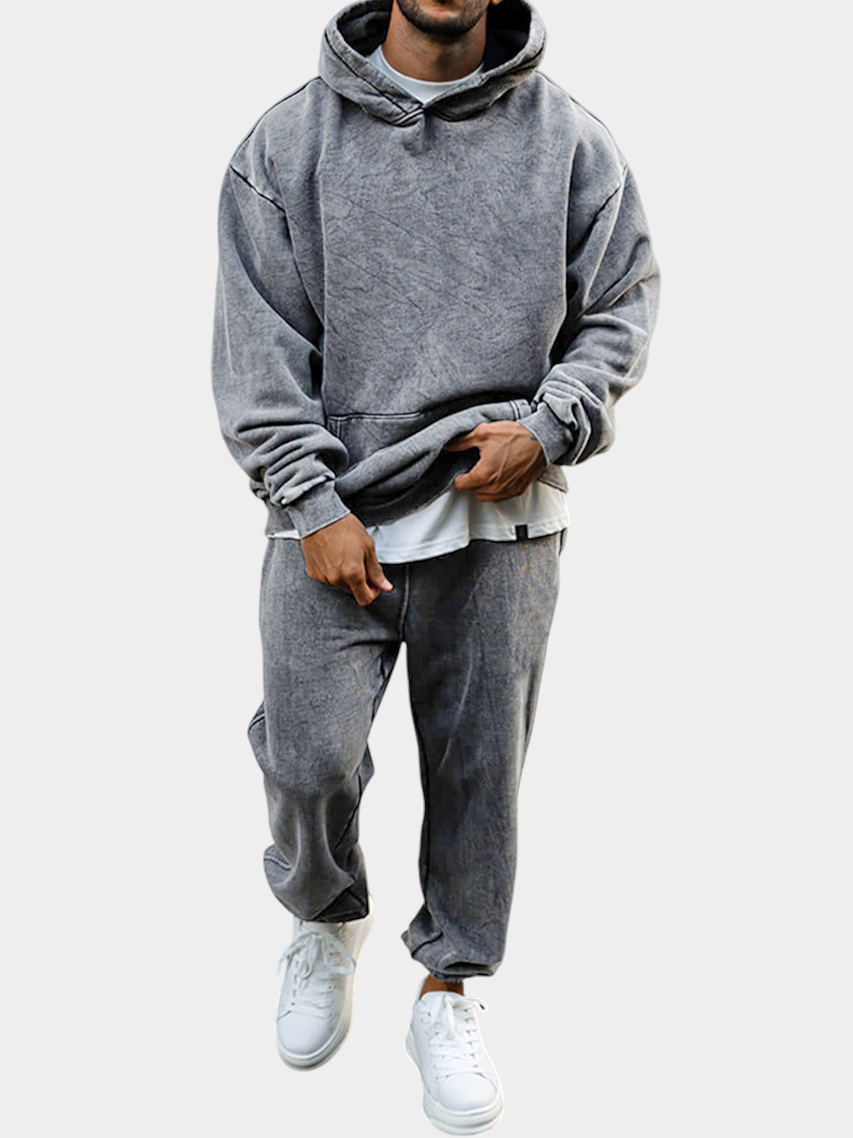 Men's Vintage Distressed Cotton Dyed Suit Hooded Sweatshirt and Sweatpants Stylish Two-piece Set