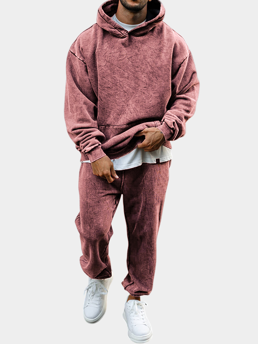 Men's Vintage Distressed Cotton Dyed Suit Hooded Sweatshirt and Sweatpants Stylish Two-piece Set