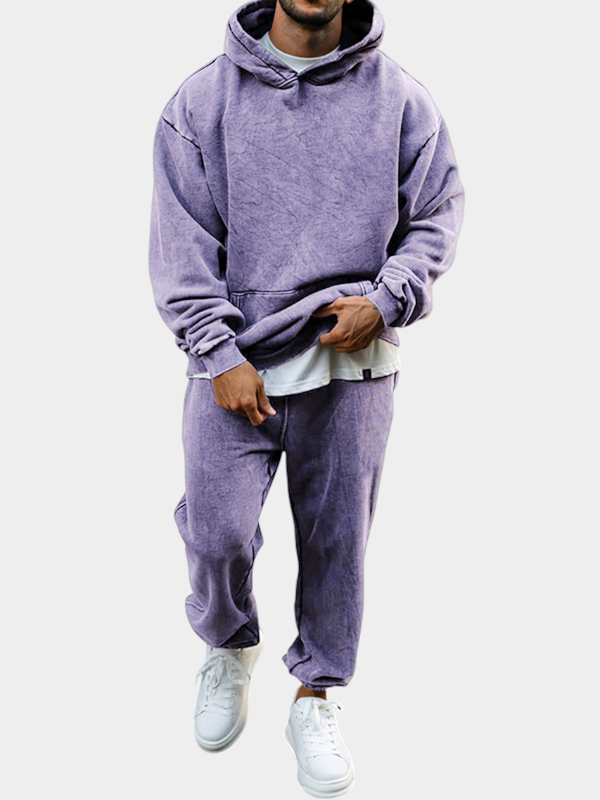 Men's Vintage Distressed Cotton Dyed Suit Hooded Sweatshirt and Sweatpants Stylish Two-piece Set