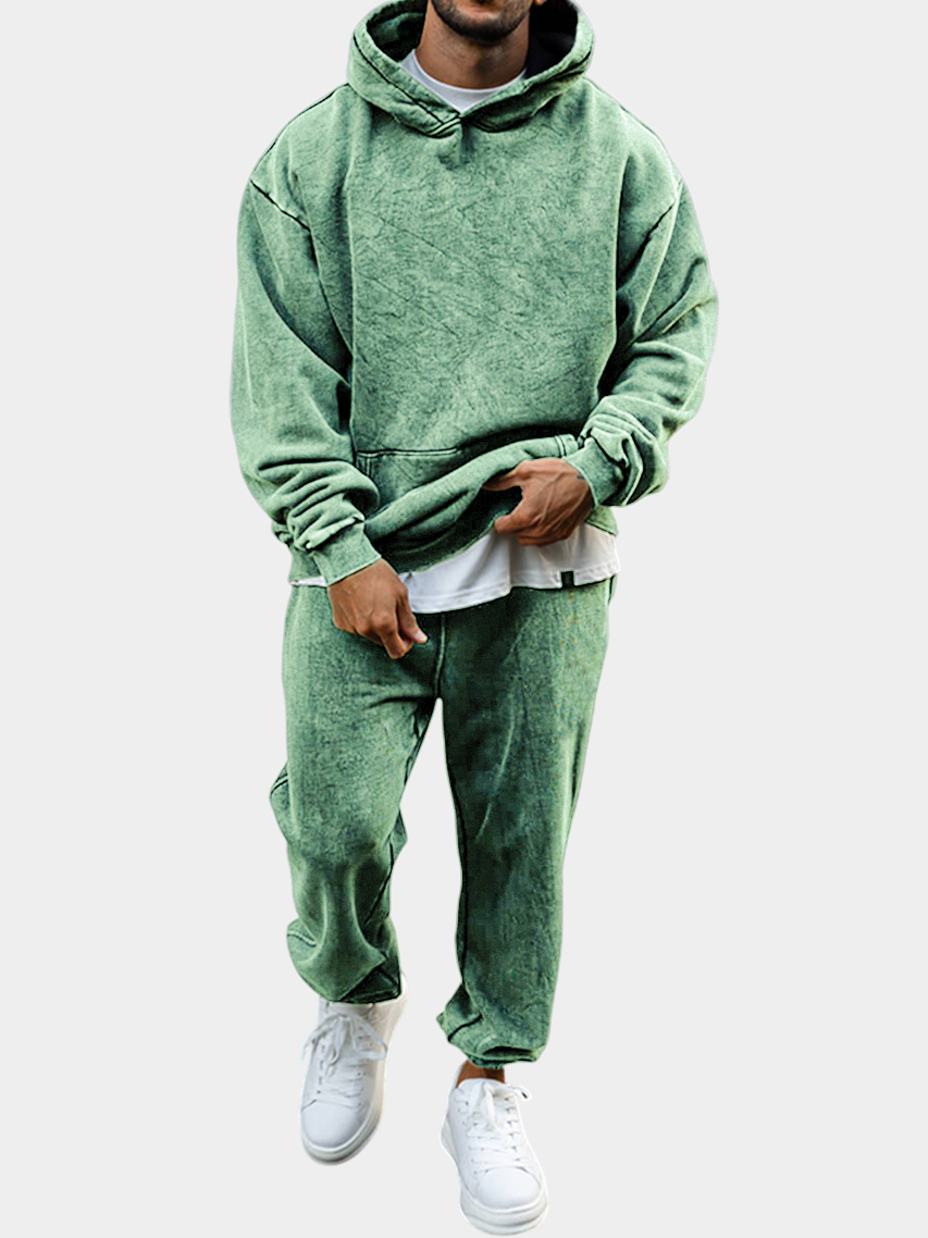 Men's Vintage Distressed Cotton Dyed Suit Hooded Sweatshirt and Sweatpants Stylish Two-piece Set
