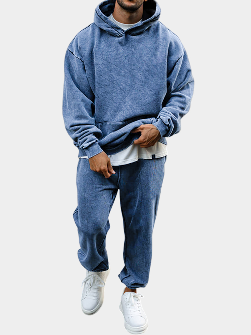 Men's Vintage Distressed Cotton Dyed Suit Hooded Sweatshirt and Sweatpants Stylish Two-piece Set
