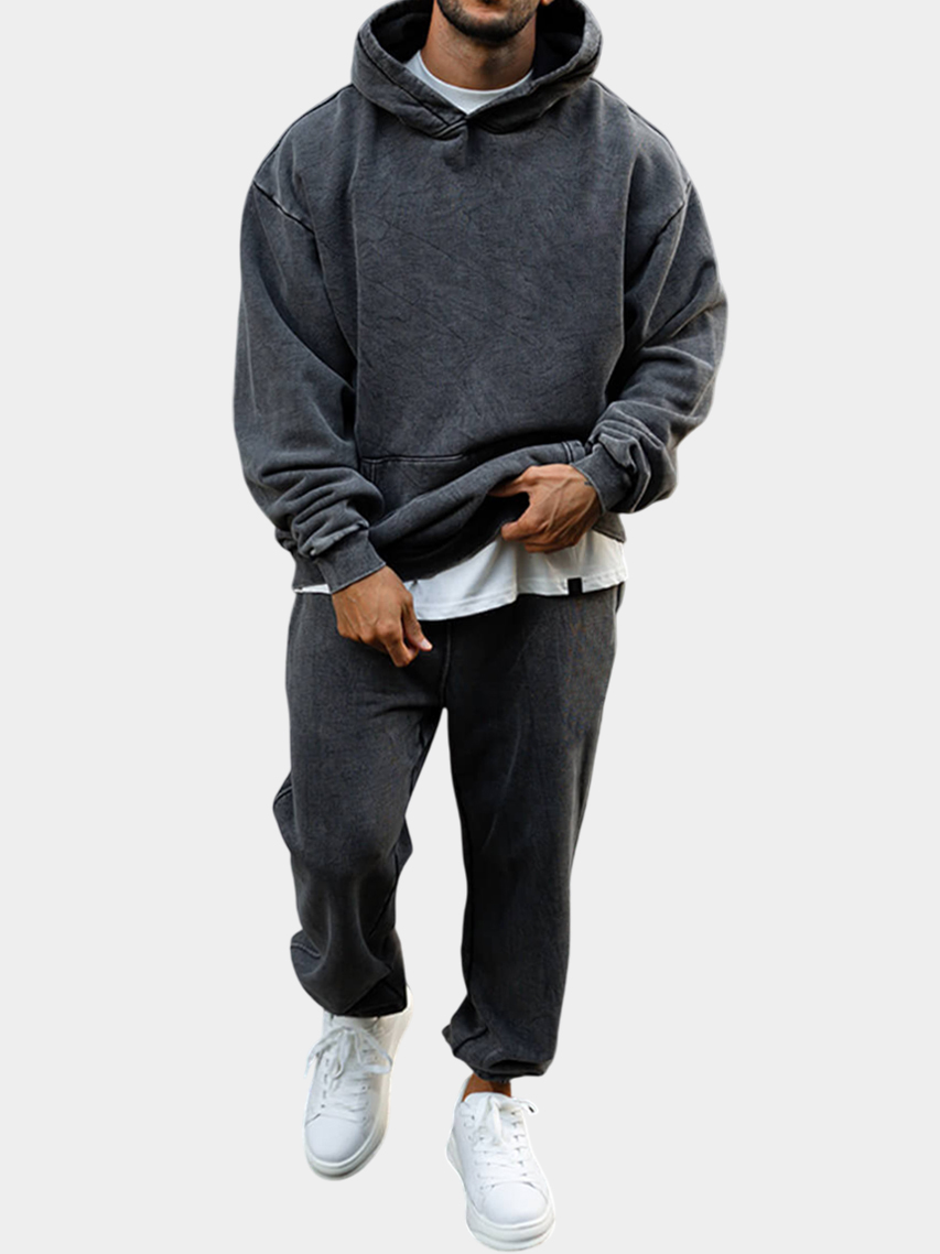 Men's Vintage Distressed Cotton Dyed Suit Hooded Sweatshirt and Sweatpants Stylish Two-piece Set