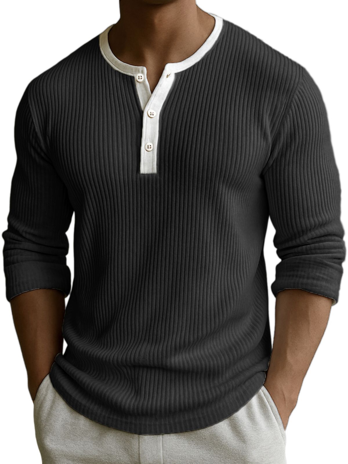 Men's Comfort Ribbed Texture Color-block Fittness Stylish Daily Henley Shirt