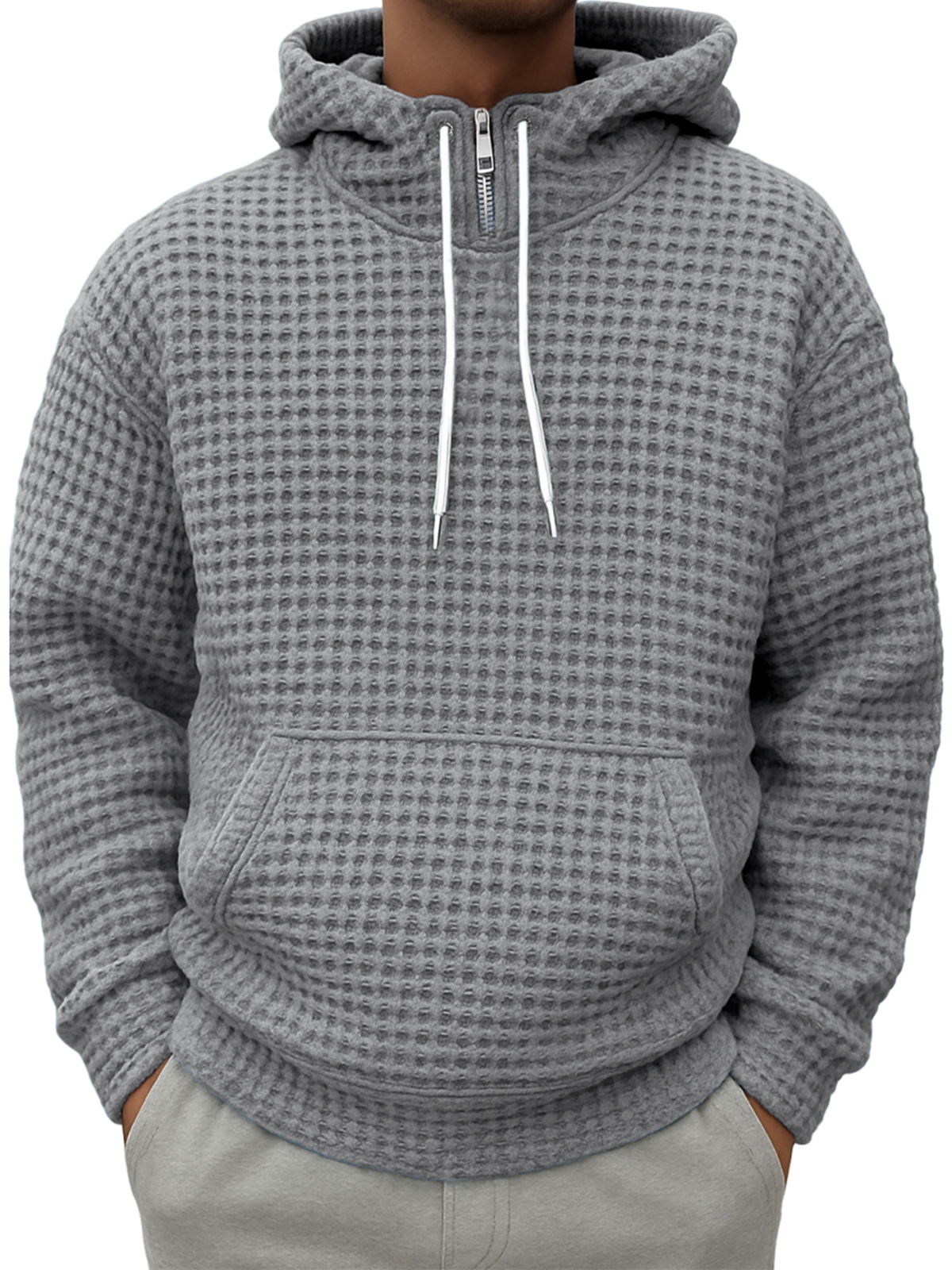 Men's Half-zip Plaid Textured Casual Hooded Sweatshirt