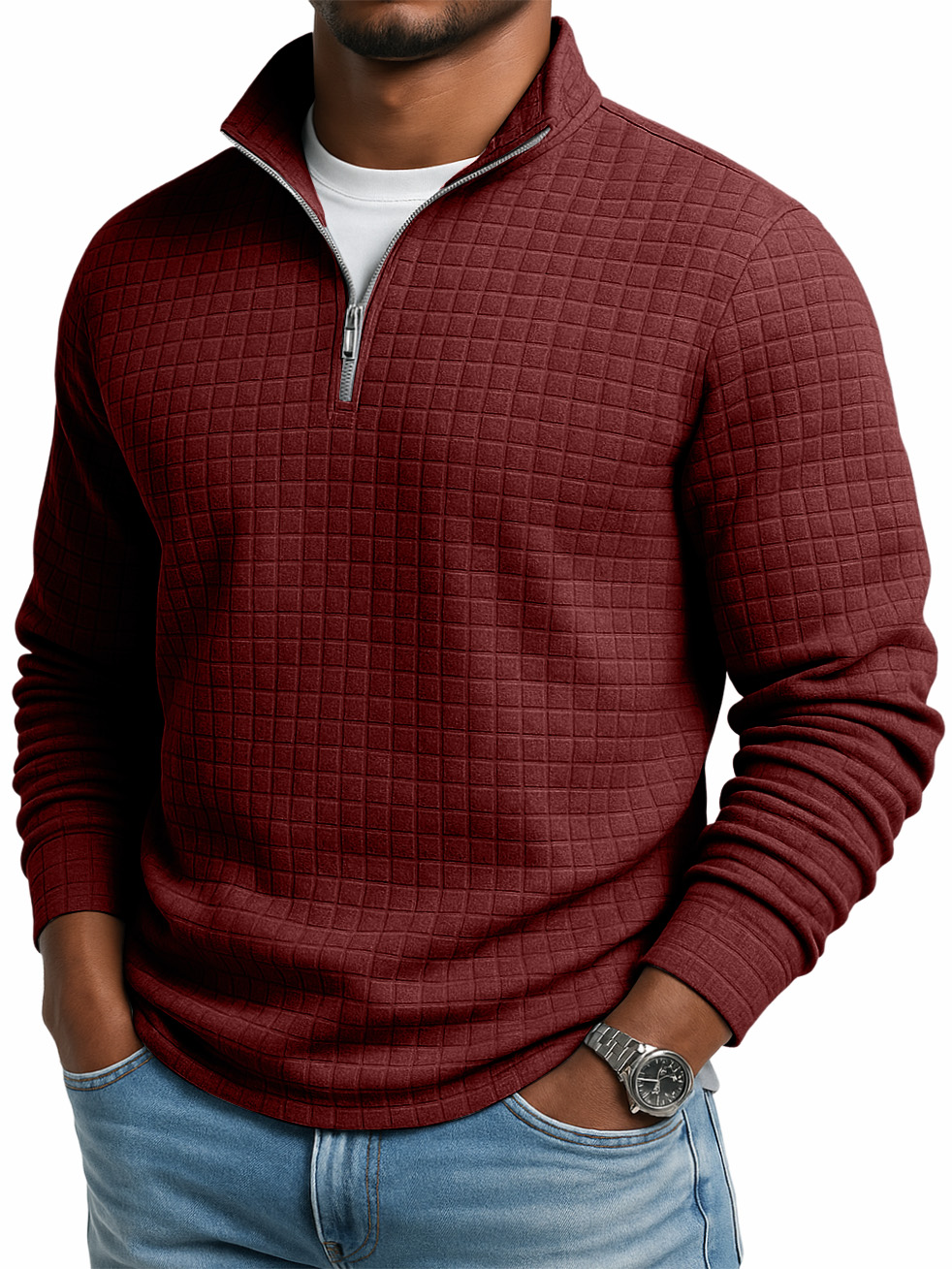 Men's Casual Solid Color Large Waffle Quarter Zip Stand Collar Sweatshirt