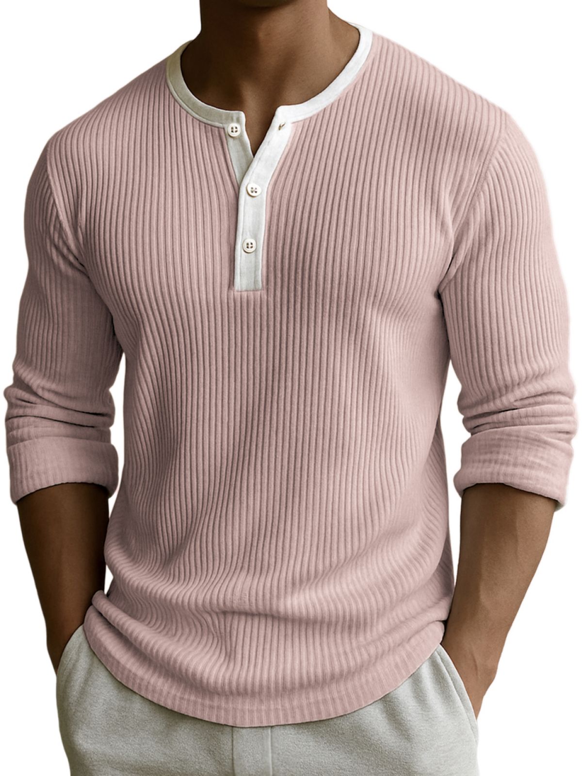 Men's Comfort Ribbed Texture Color-block Fittness Stylish Daily Henley Shirt
