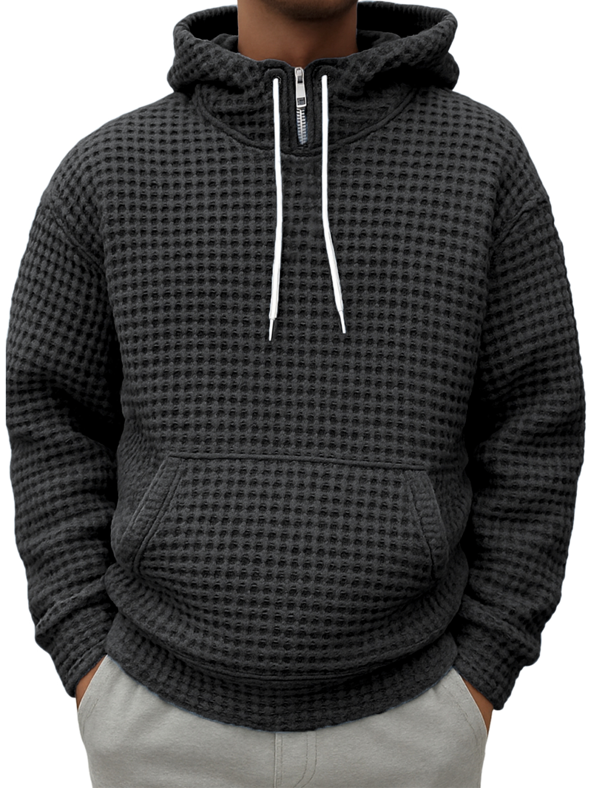 Men's Half-zip Plaid Textured Casual Hooded Sweatshirt