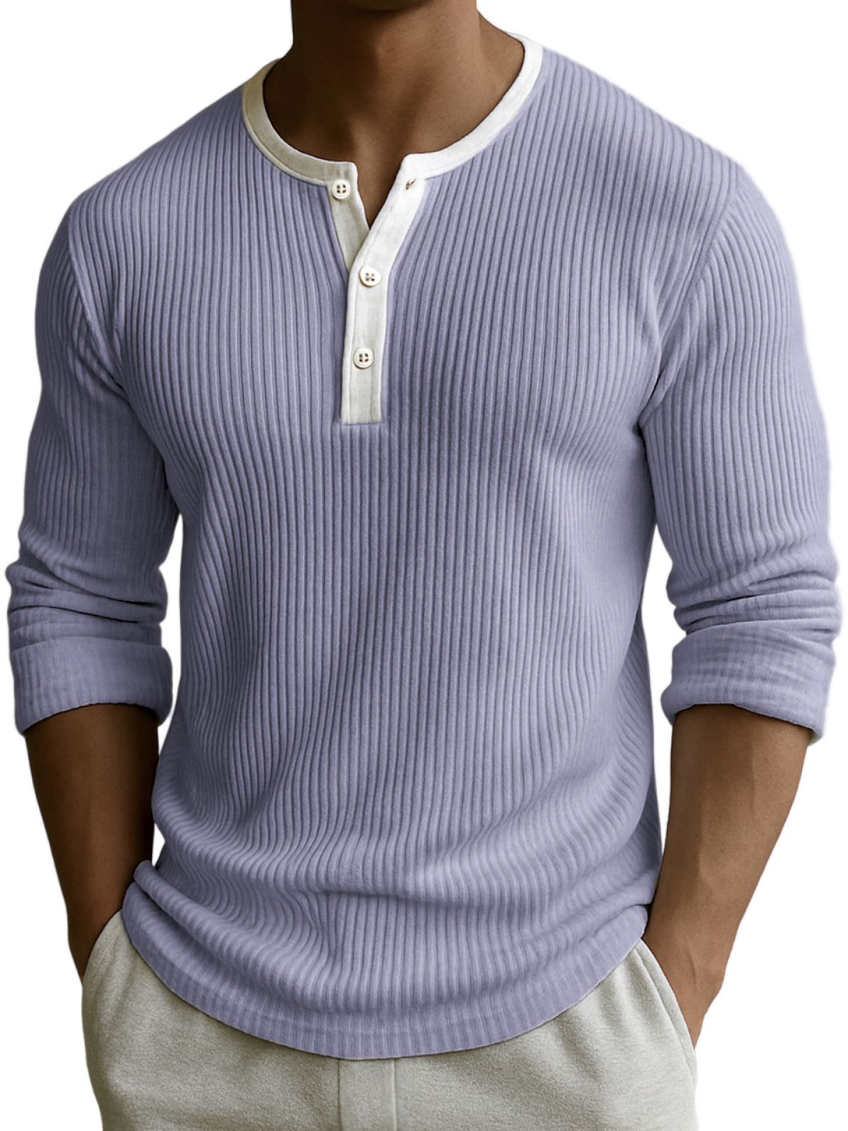 Men's Comfort Ribbed Texture Color-block Fittness Stylish Daily Henley Shirt