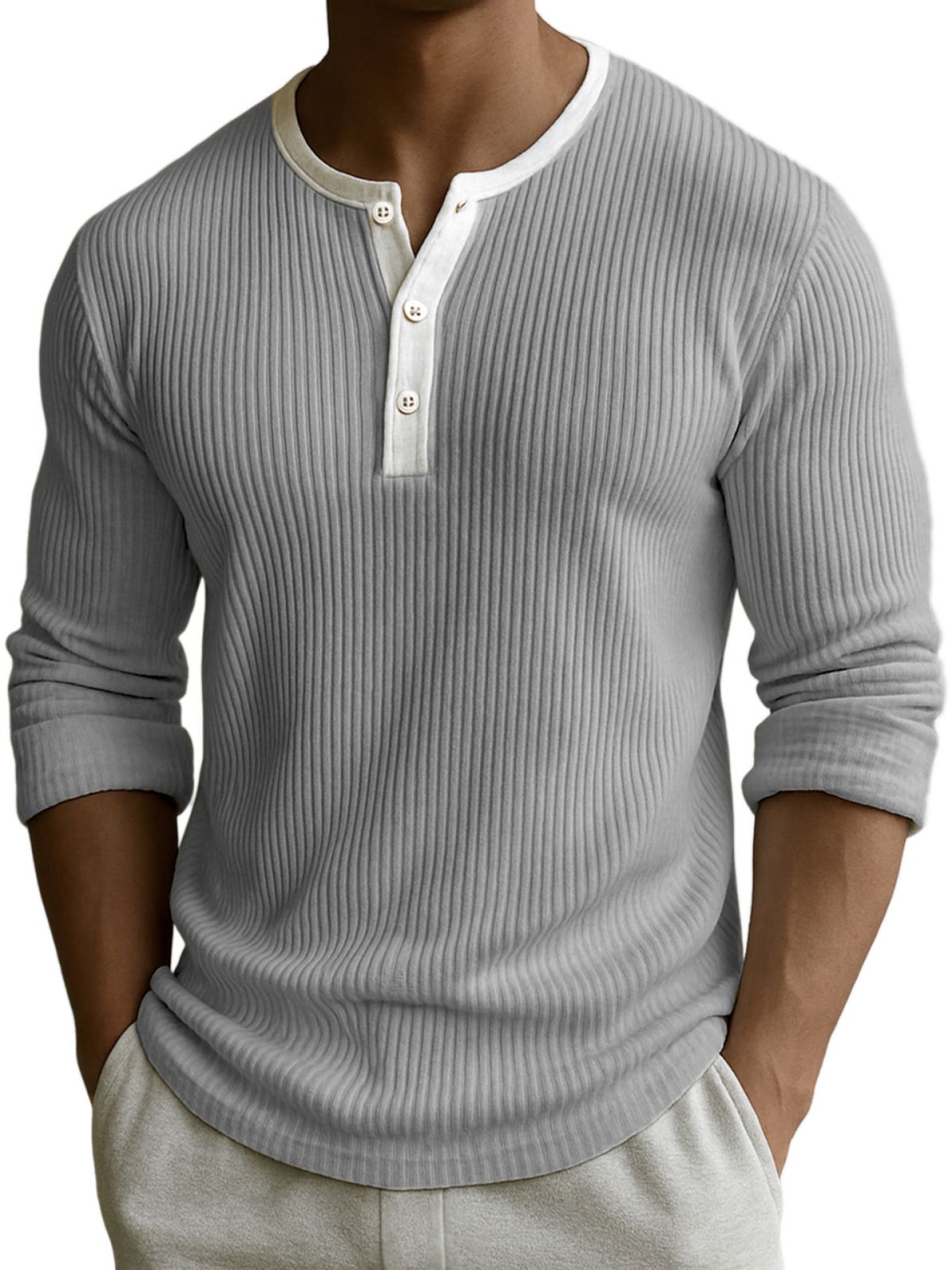 Men's Comfort Ribbed Texture Color-block Fittness Stylish Daily Henley Shirt
