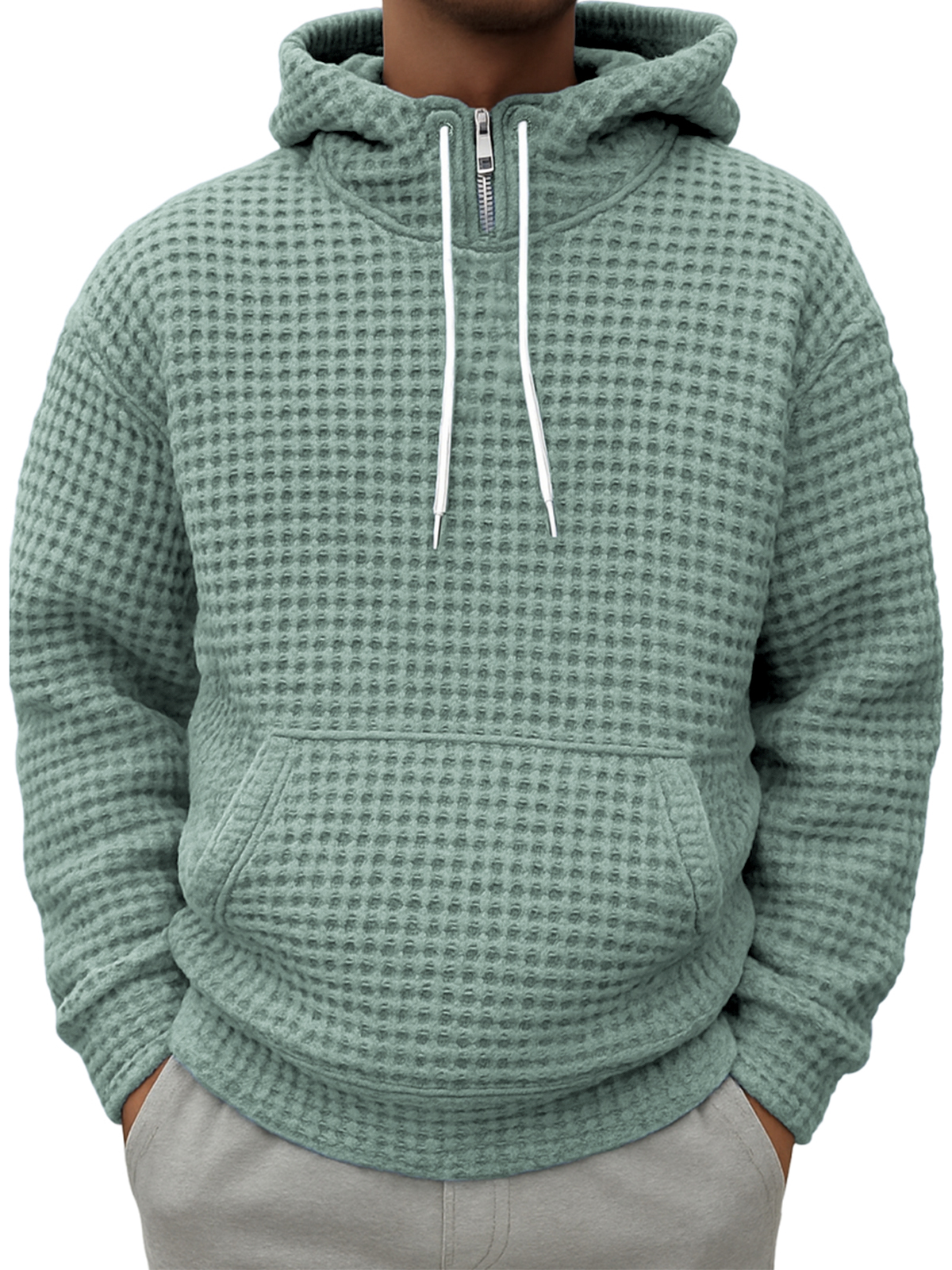 Men's Half-zip Plaid Textured Casual Hooded Sweatshirt