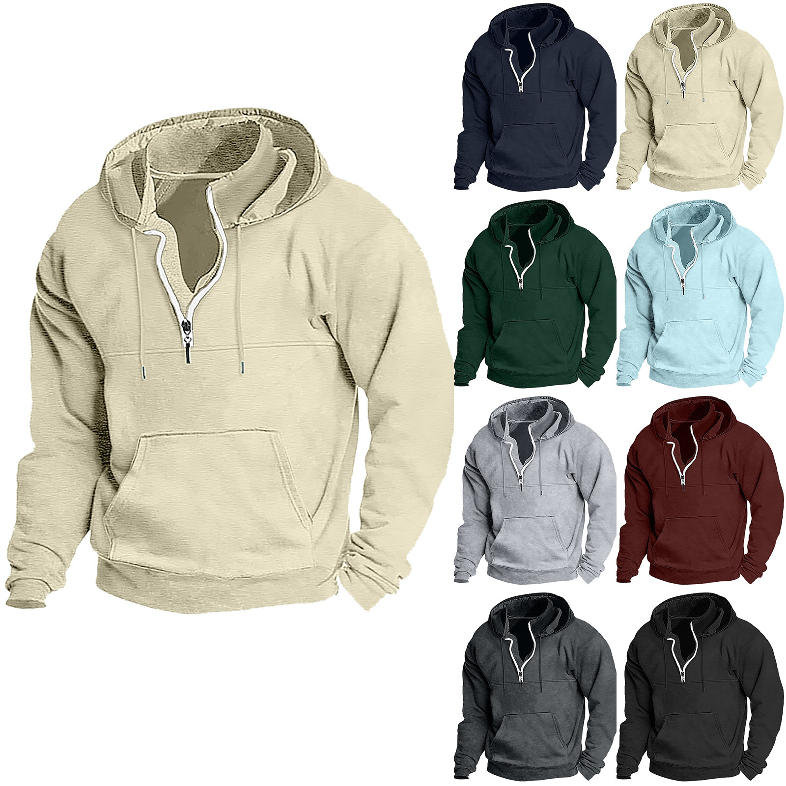 Men's Washed Distressed Cotton Quarter-Zip Casual Tactical Hoodie