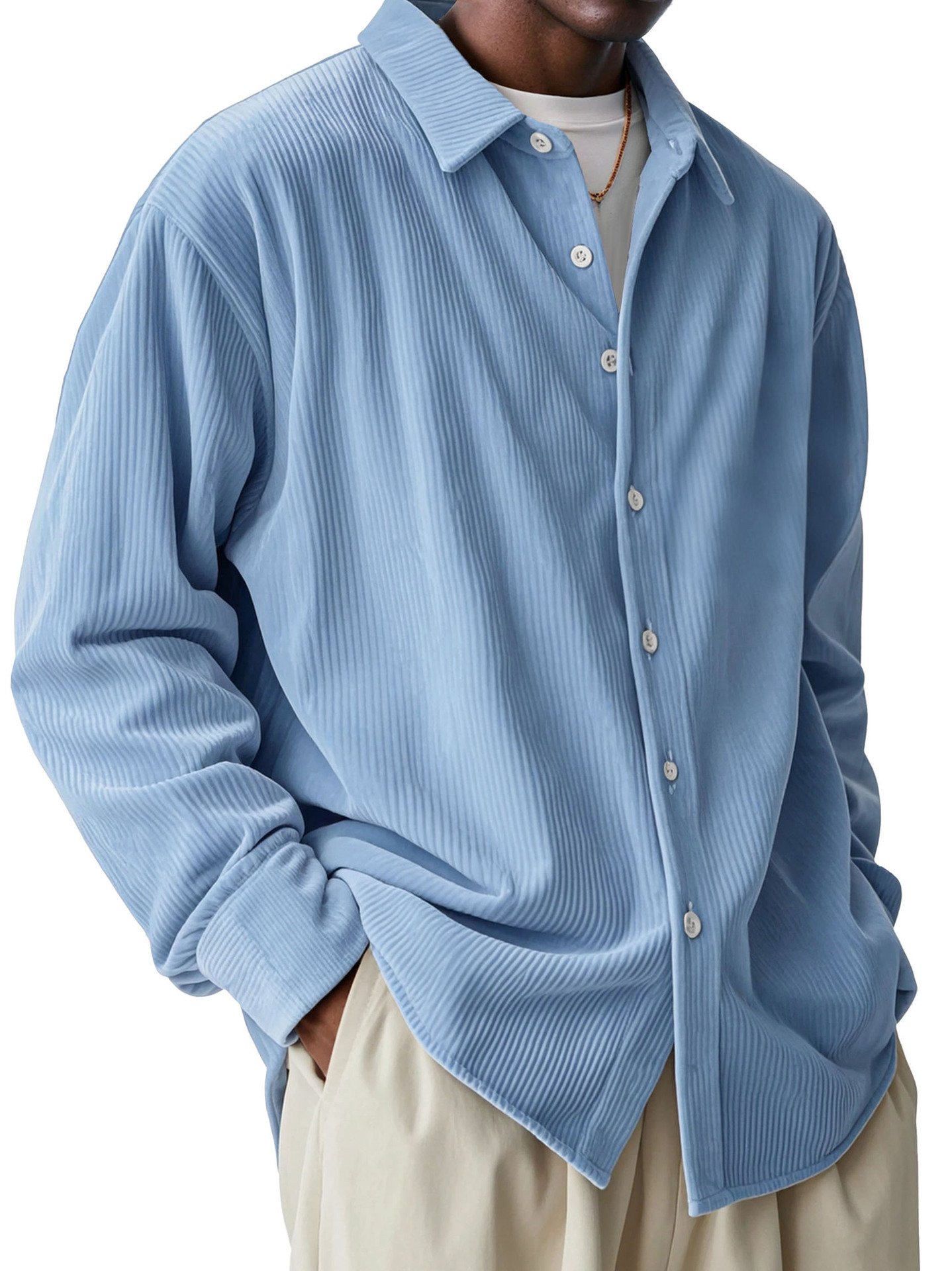 Men's Casual Simple Vertical Pit Strip Long-sleeved Lapel Shirt