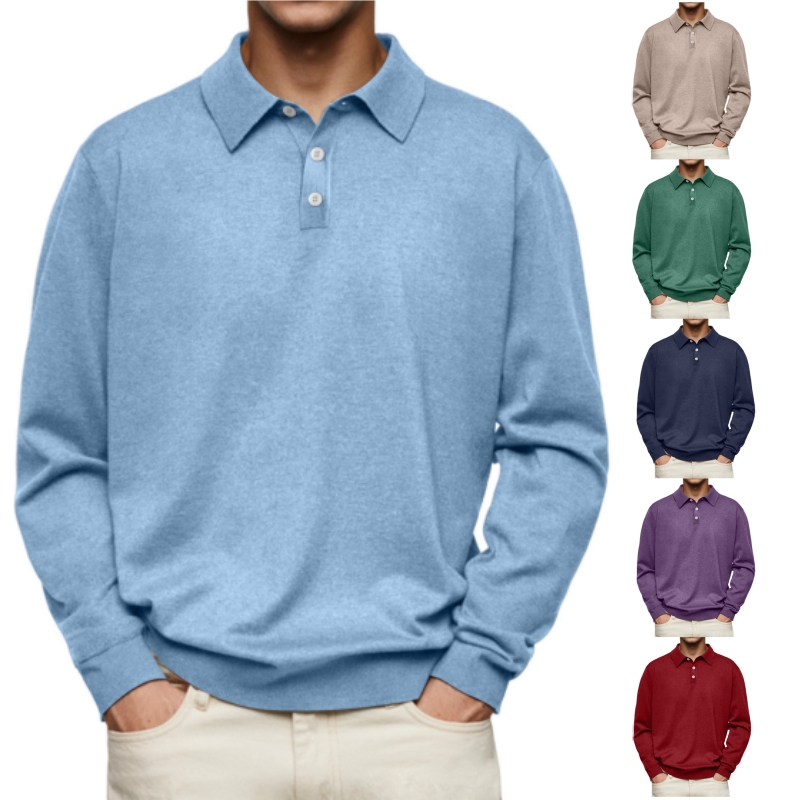 Men's Casual and Comfortable Solid Color Lapel Long Sleeve POLO Shirt