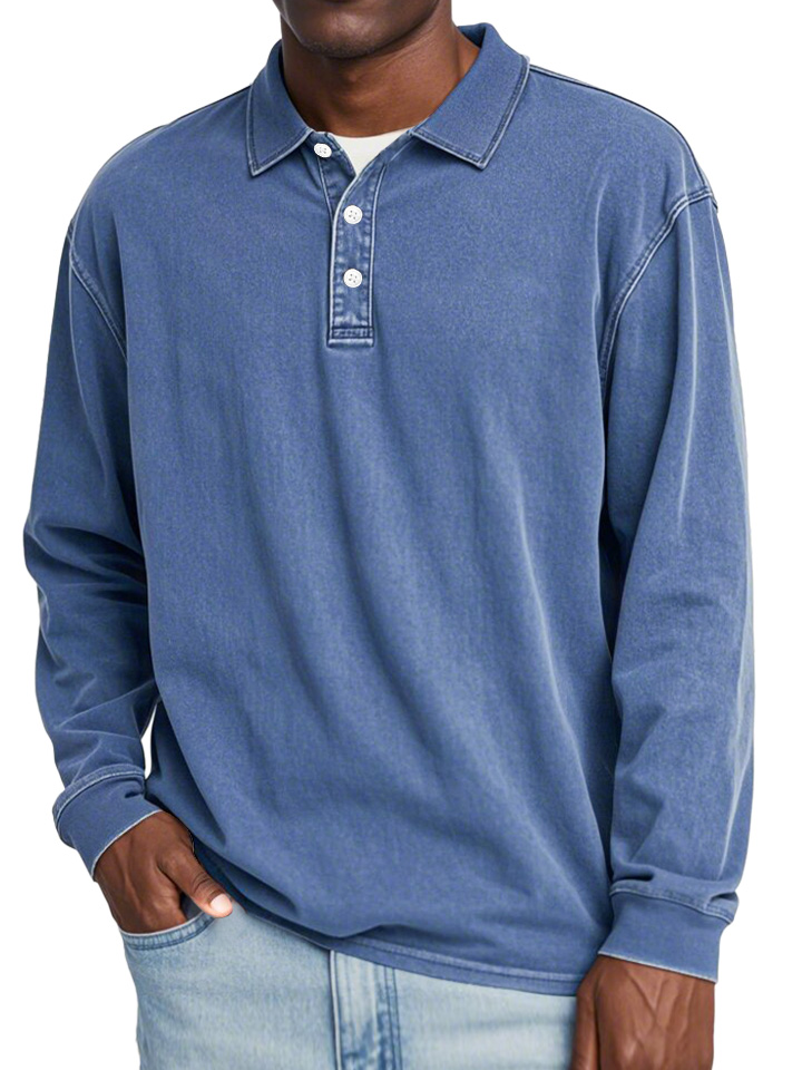 Men's Retro Lapel Button Solid Color Long Sleeve POLO Shirt