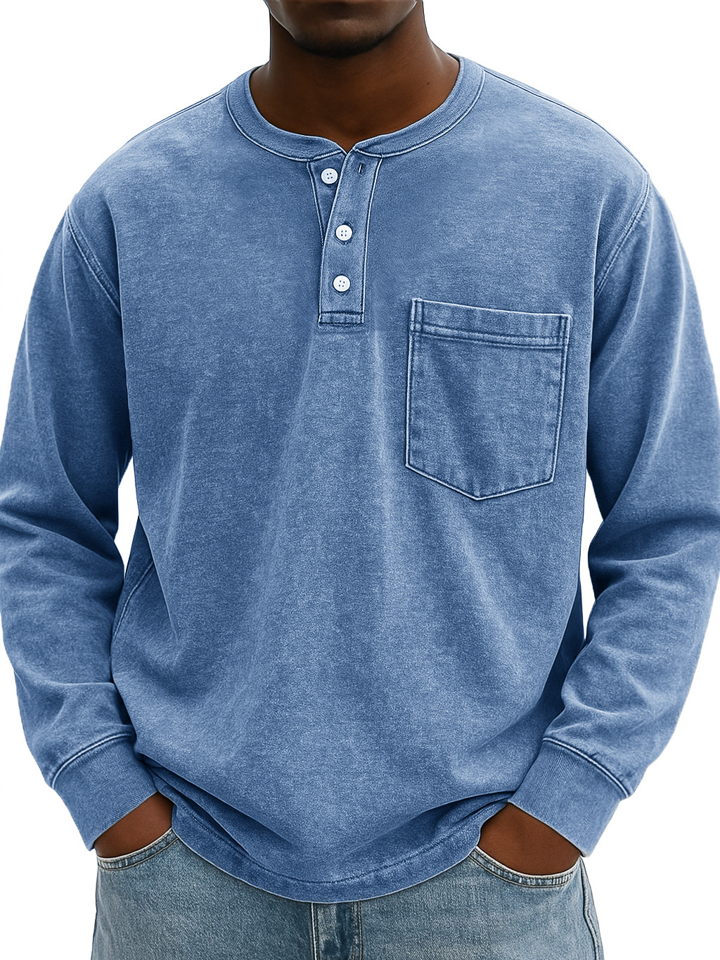 Men's Stylish Vintage Distressed Pocket Lapel Long-sleeved Henley Shirt