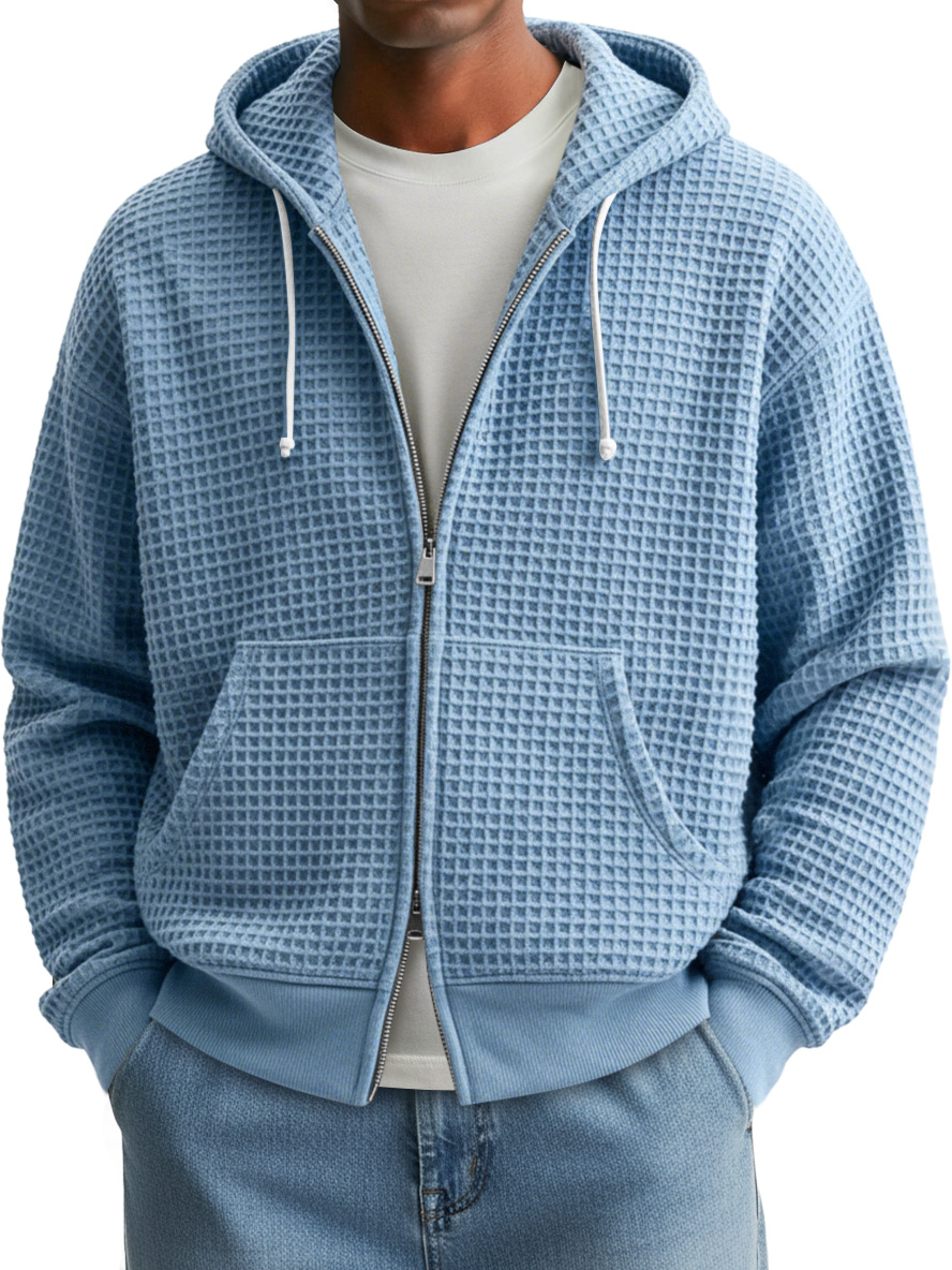 Men's Fashion Waffle Texture Casual Loose Hooded Zipper Jacket
