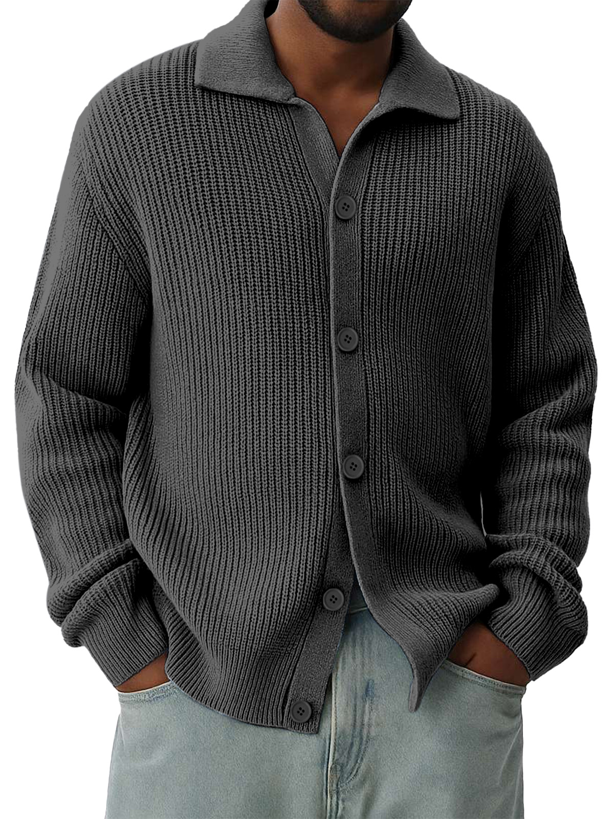 Men's Lapel Solid Color Loose And Versatile Long-sleeved Knitted Cardigan Sweater Jacket