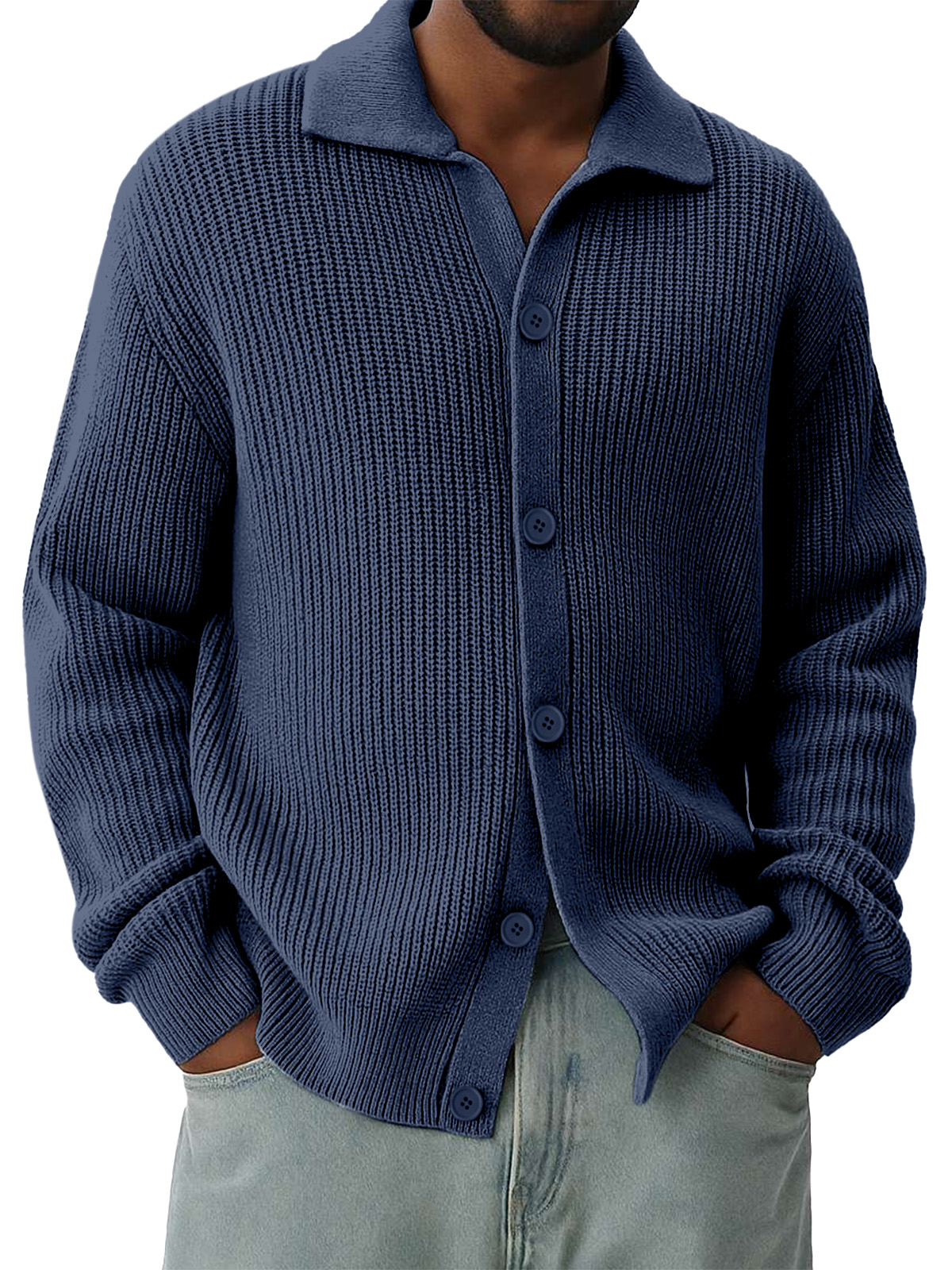Men's Lapel Solid Color Loose And Versatile Long-sleeved Knitted Cardigan Sweater Jacket