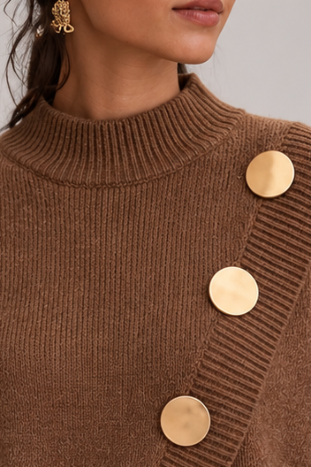 Asymmetric Button Turtleneck Sweater
