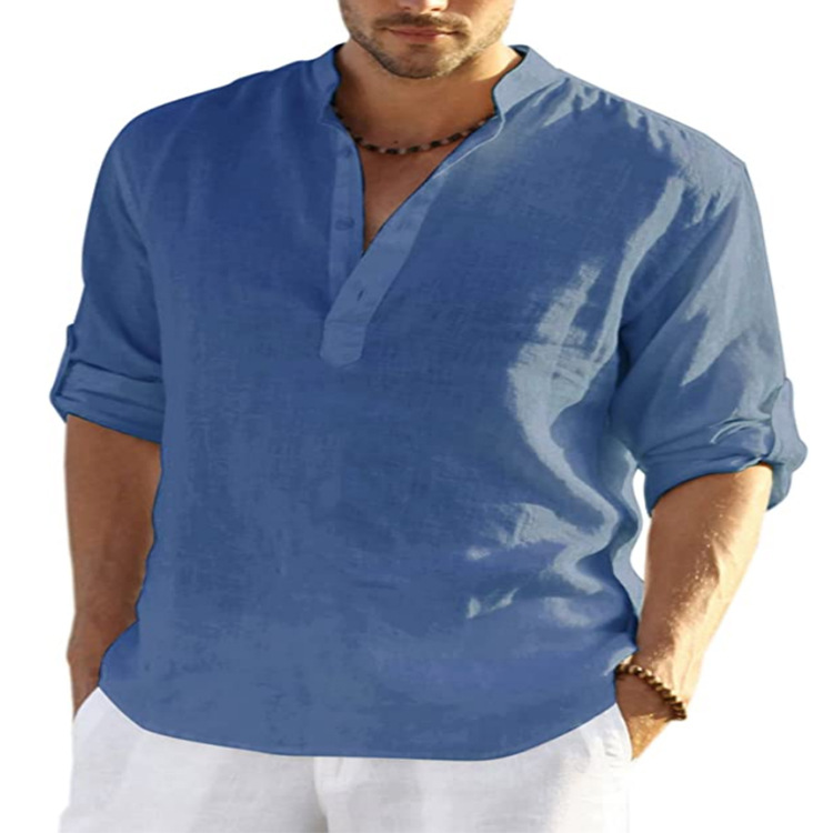 Men's Linen Shirt Henley Casual Outdoor Shirt Long Sleeve Plain Collar Casual Hawaiian Clothing