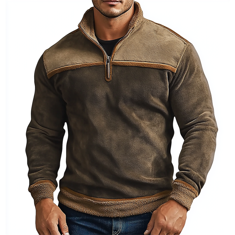 Men's Vintage Suede Patchwork Lamb Fleece Quarter Zip Stand Collar Sweatshirts