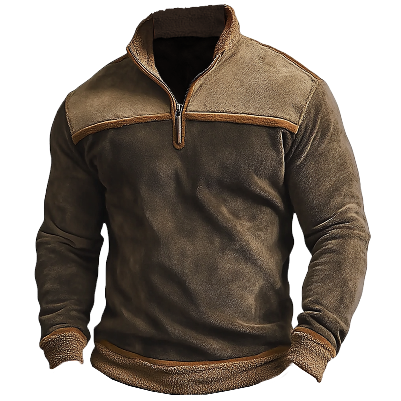 Men's Vintage Suede Patchwork Lamb Fleece Quarter Zip Stand Collar Sweatshirts