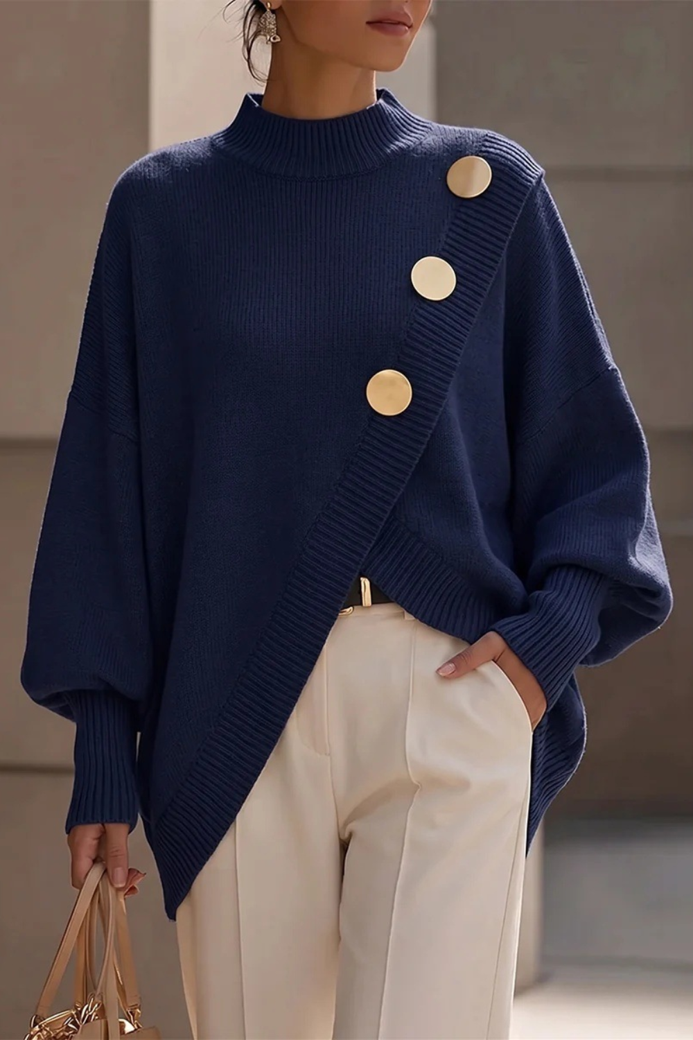 Asymmetric Button Turtleneck Sweater