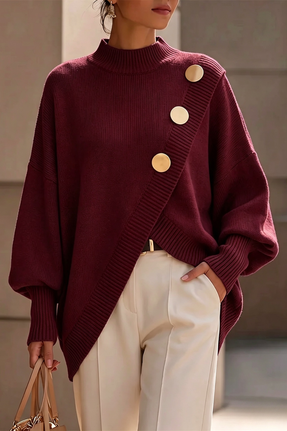 Asymmetric Button Turtleneck Sweater