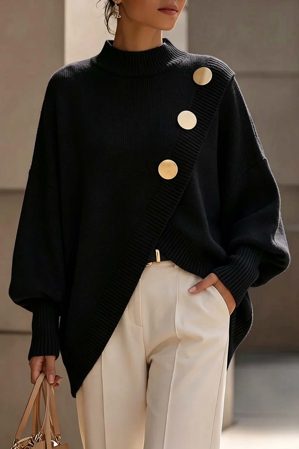 Asymmetric Button Turtleneck Sweater
