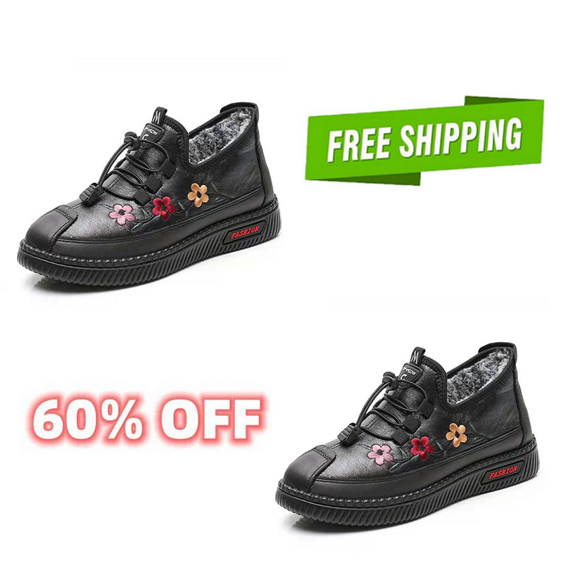 Leather Fur Moccasins Women Loafers for Elderly Females Soft Warm