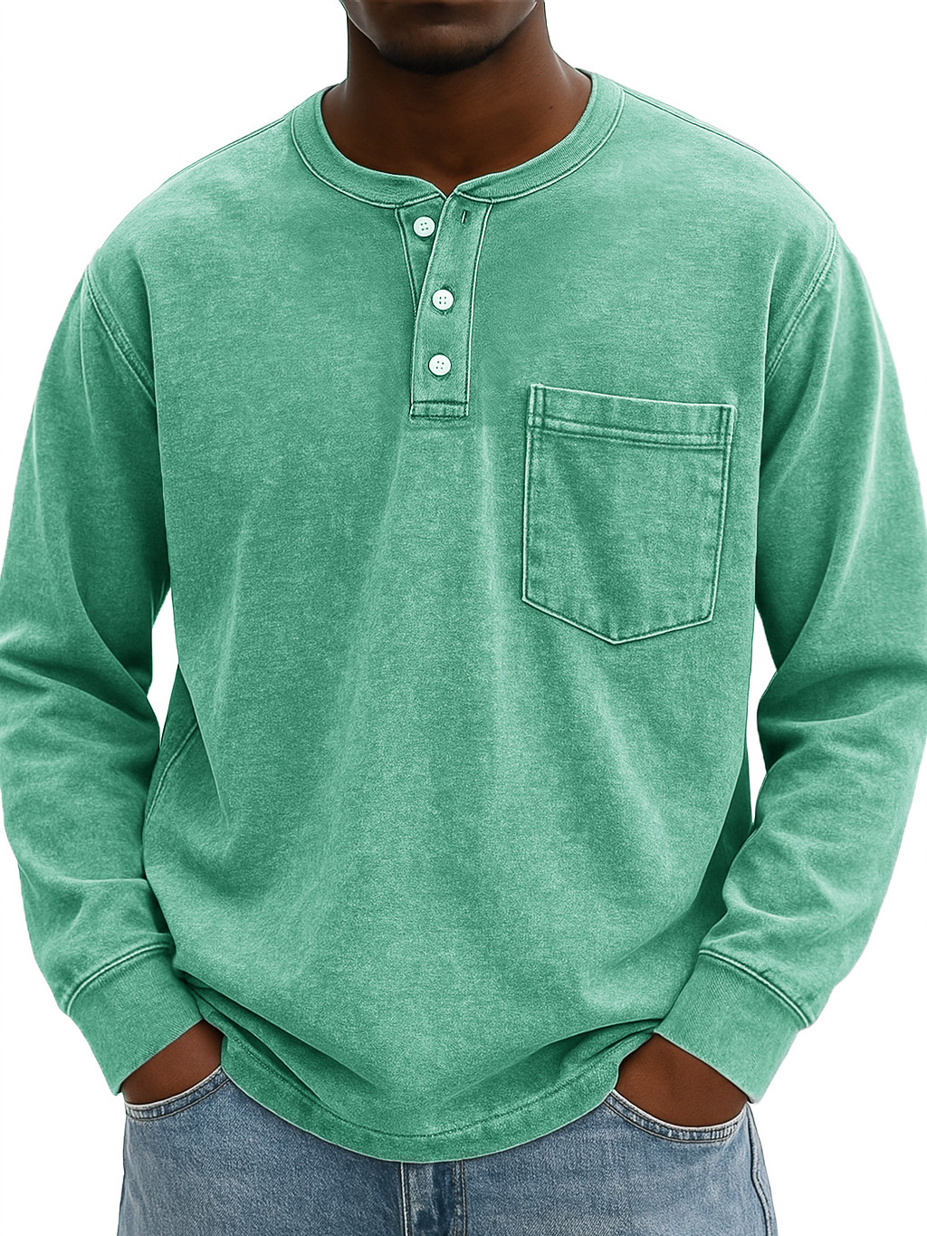 Men's Stylish Vintage Distressed Pocket Lapel Long-sleeved Henley Shirt