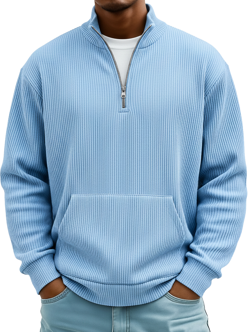 Men's Pit Stripe Stand Collar Zipper Loose Pocket Casual Hoodie