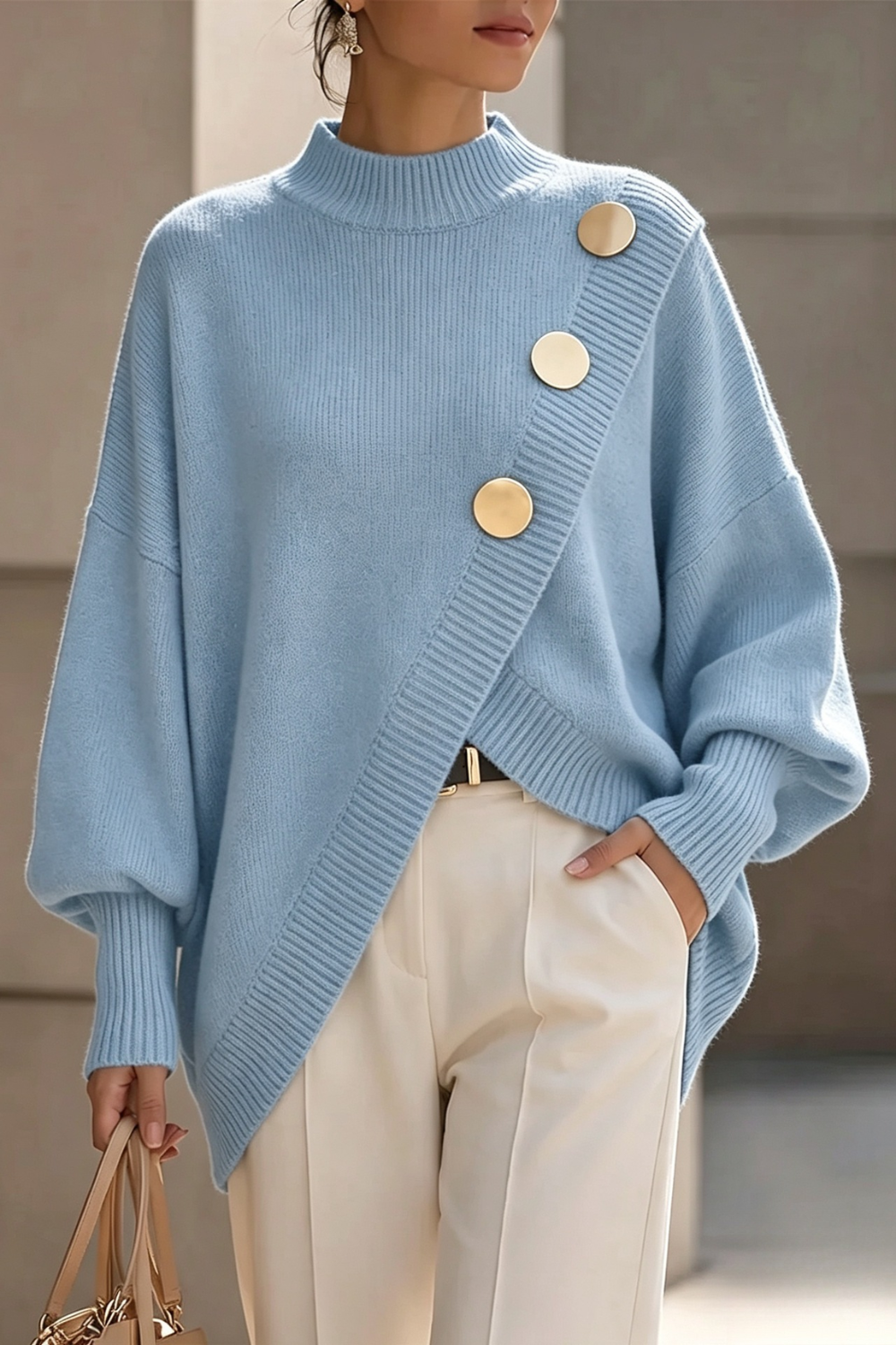 Asymmetric Button Turtleneck Sweater