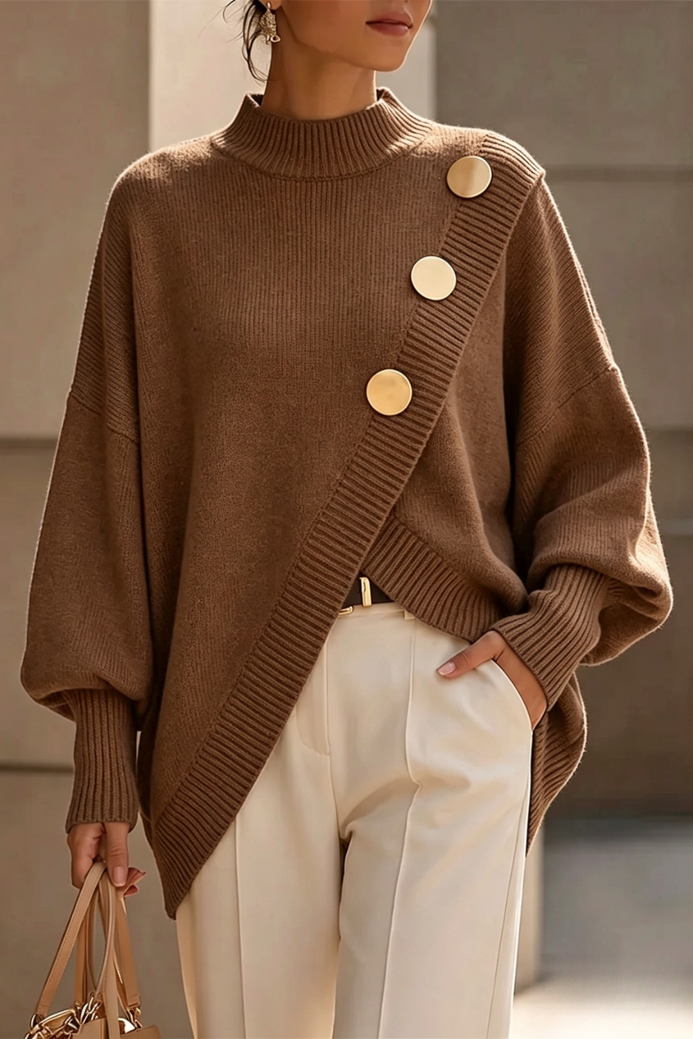 Asymmetric Button Turtleneck Sweater