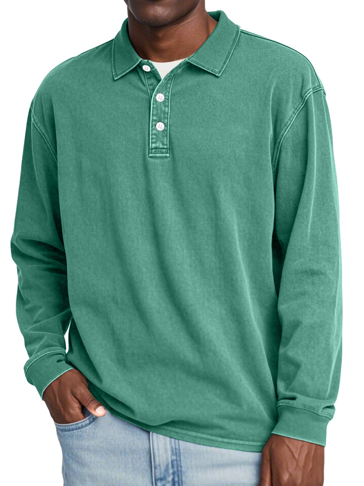 Men's Retro Lapel Button Solid Color Long Sleeve POLO Shirt