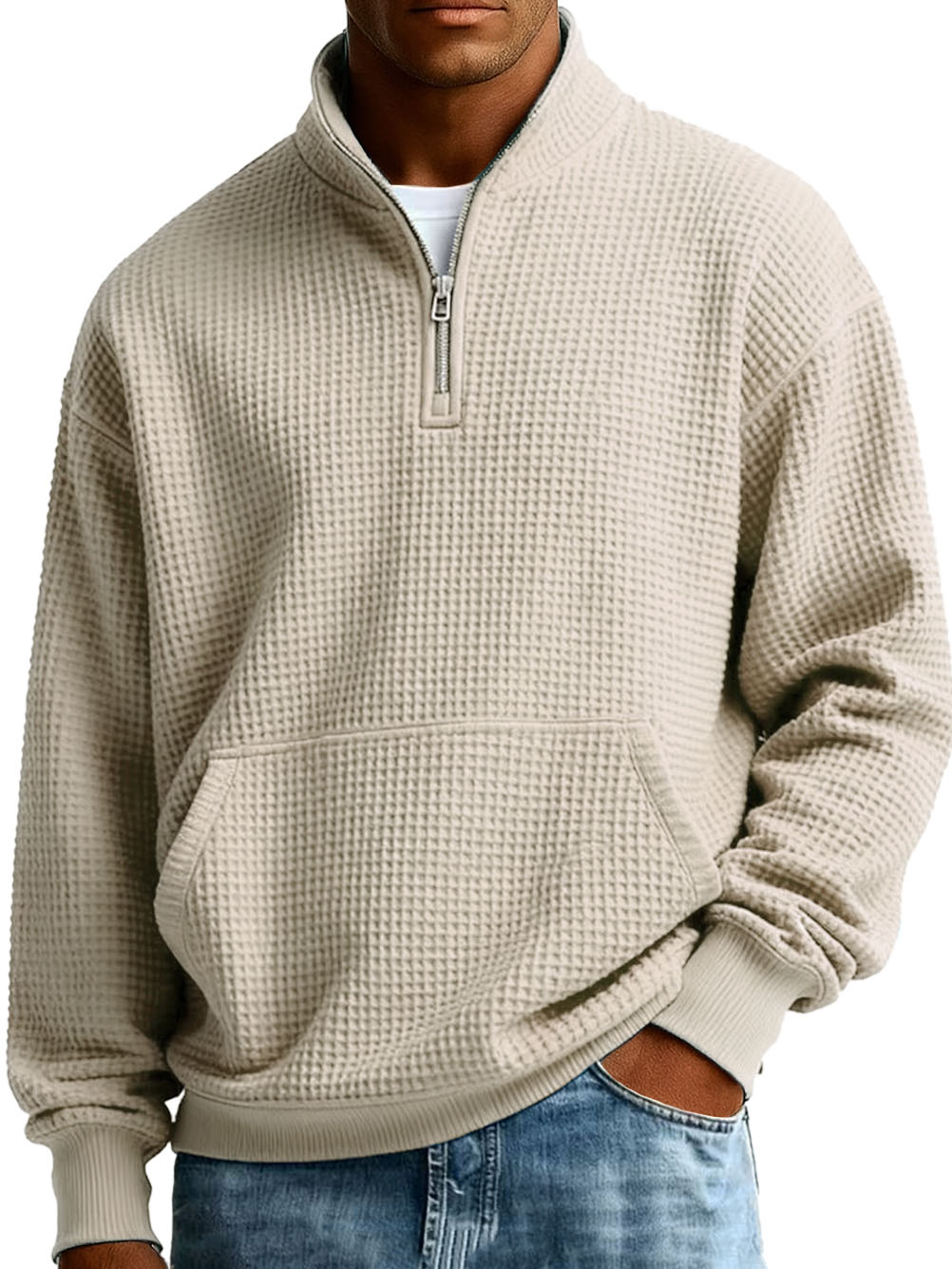 Men's Fashionable Casual Waffle Fabric Stand-up Collar Half-zip Long-sleeved Sweatshirt