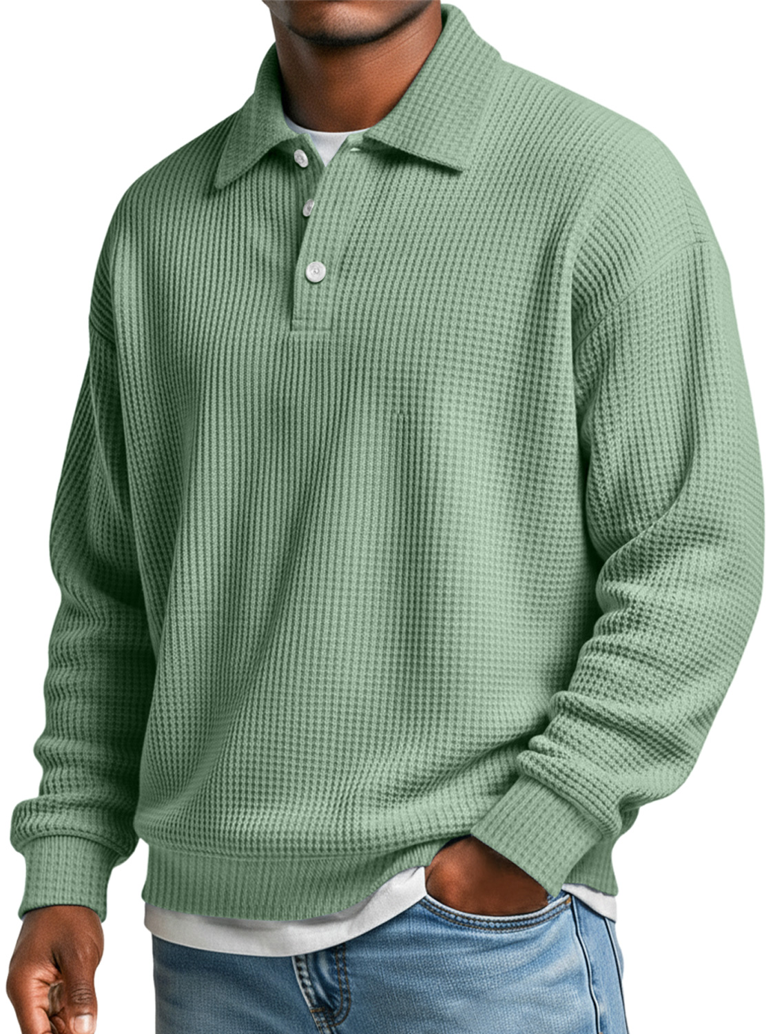 Men's Waffle Simple Lapel Button Casual Loose Polo Shirt