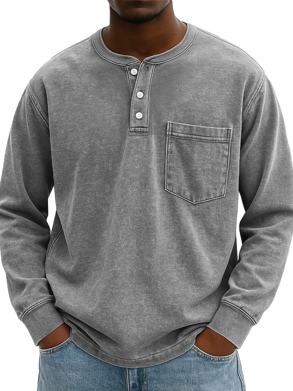 Men's Stylish Vintage Distressed Pocket Lapel Long-sleeved Henley Shirt