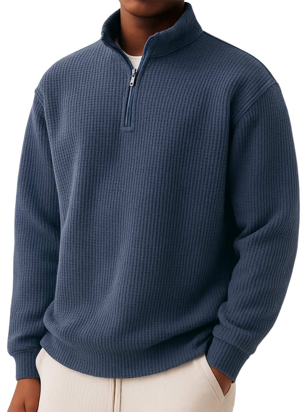 Men's Casual Simple Waffle Quarter Zip Long Sleeved T-shirt.