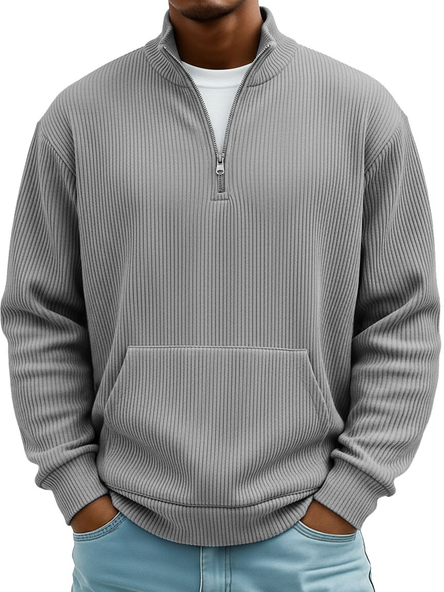 Men's Pit Stripe Stand Collar Zipper Loose Pocket Casual Hoodie