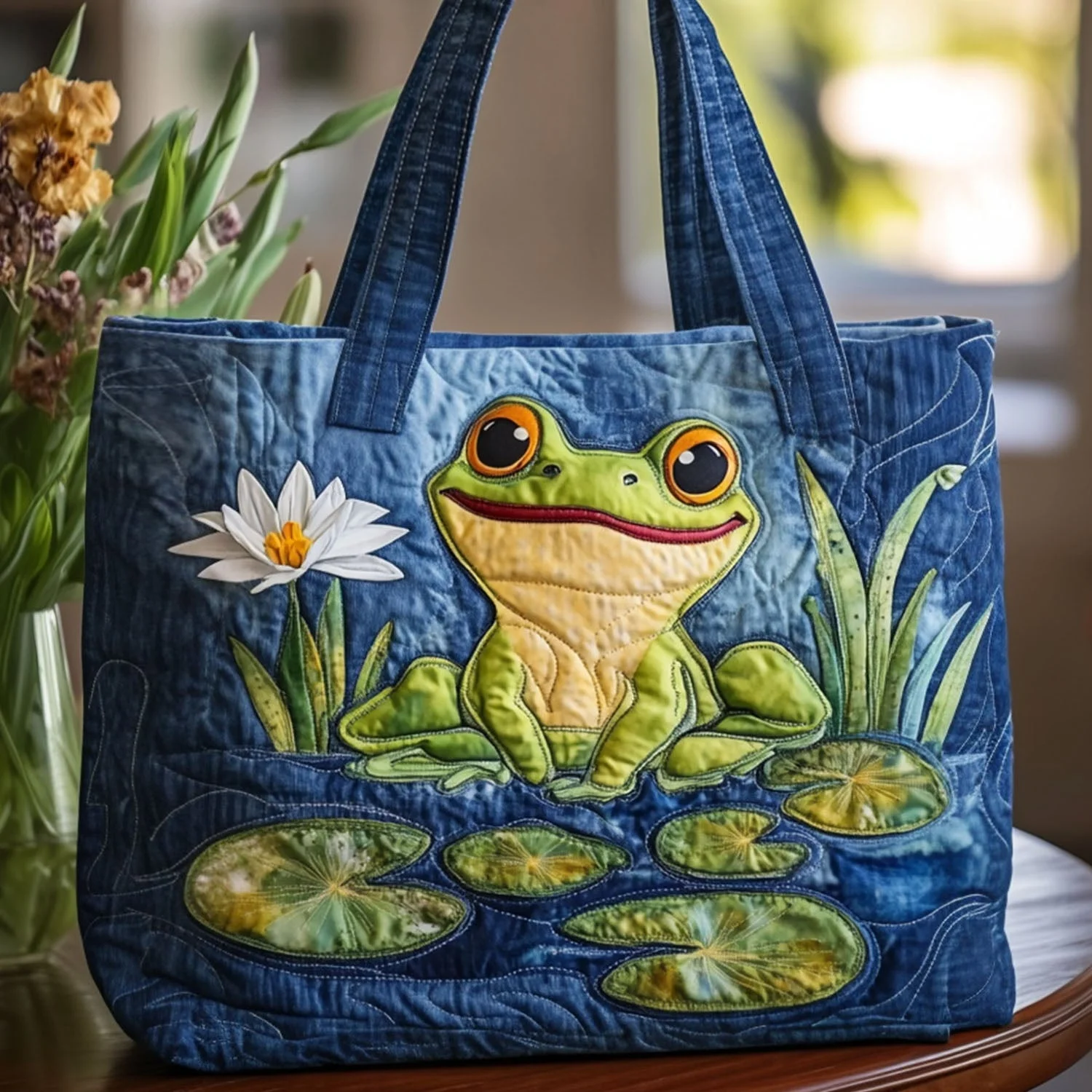 Frog and Lotus Series Quilted Tote Bag