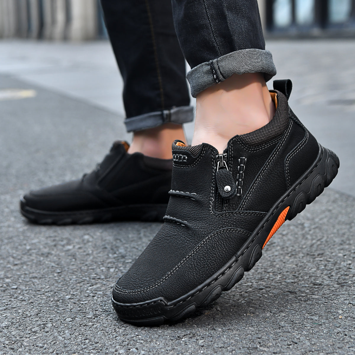 Men's Genuine Leather Casual Boots - Side Zipper, Breathable, Wide Toe Box with Arch Support