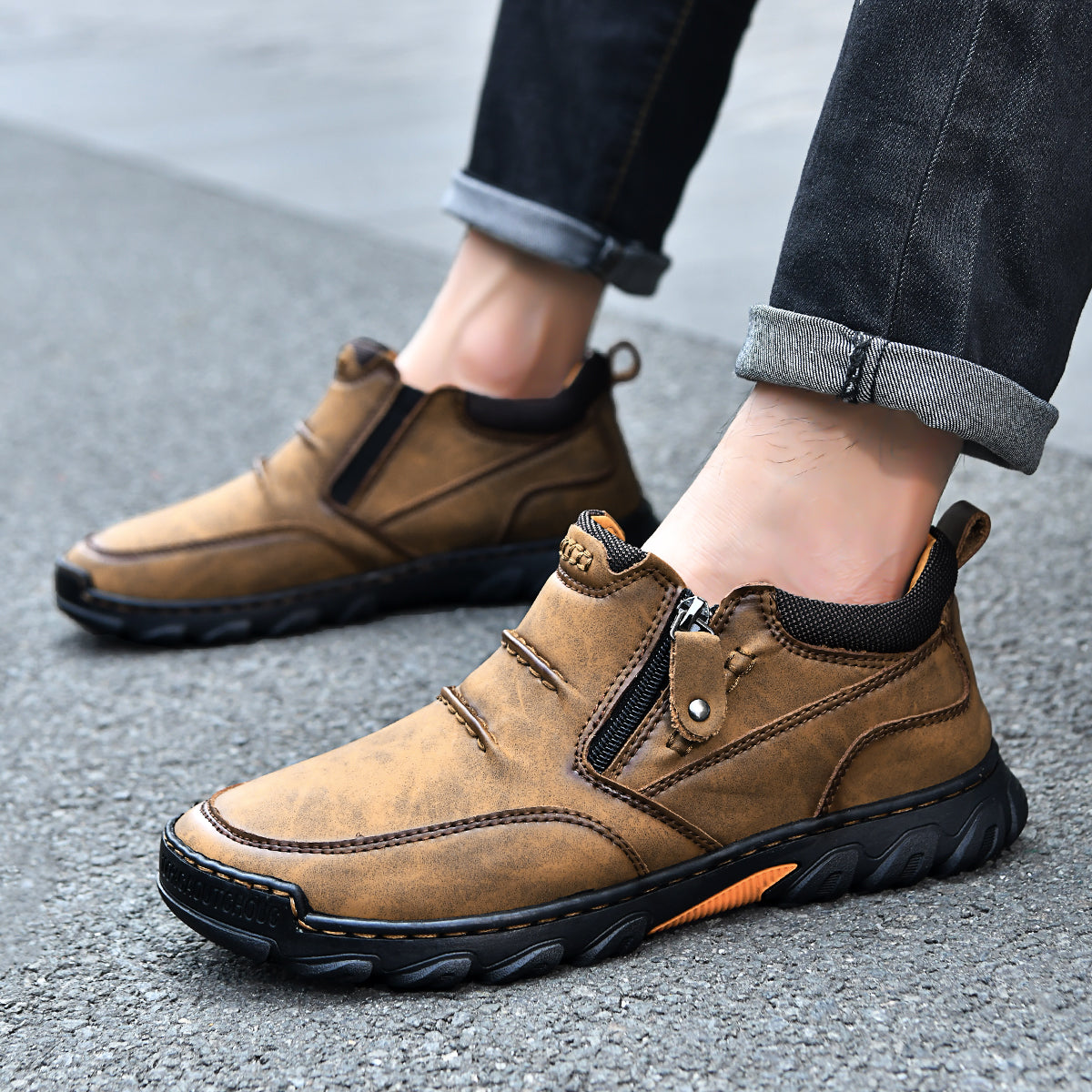 Men's Genuine Leather Casual Boots - Side Zipper, Breathable, Wide Toe Box with Arch Support