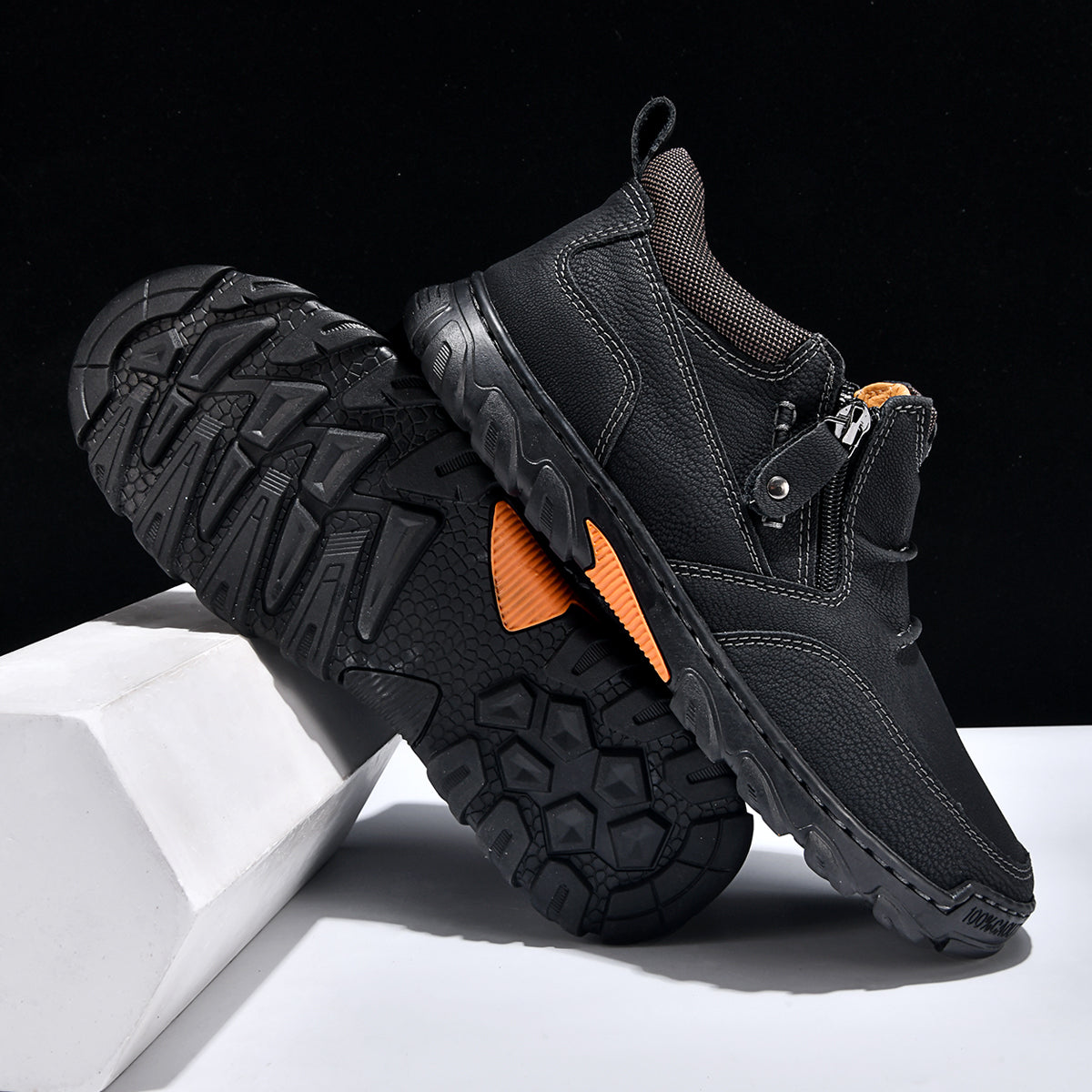 Men's Genuine Leather Casual Boots - Side Zipper, Breathable, Wide Toe Box with Arch Support