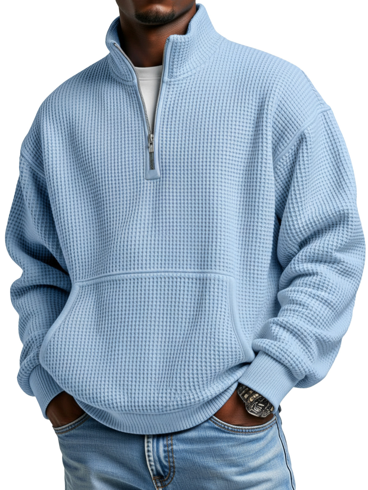 Men's Simple Everyday Waffle Kangaroo Pouch Zipper Stand Collar Polo Shirt