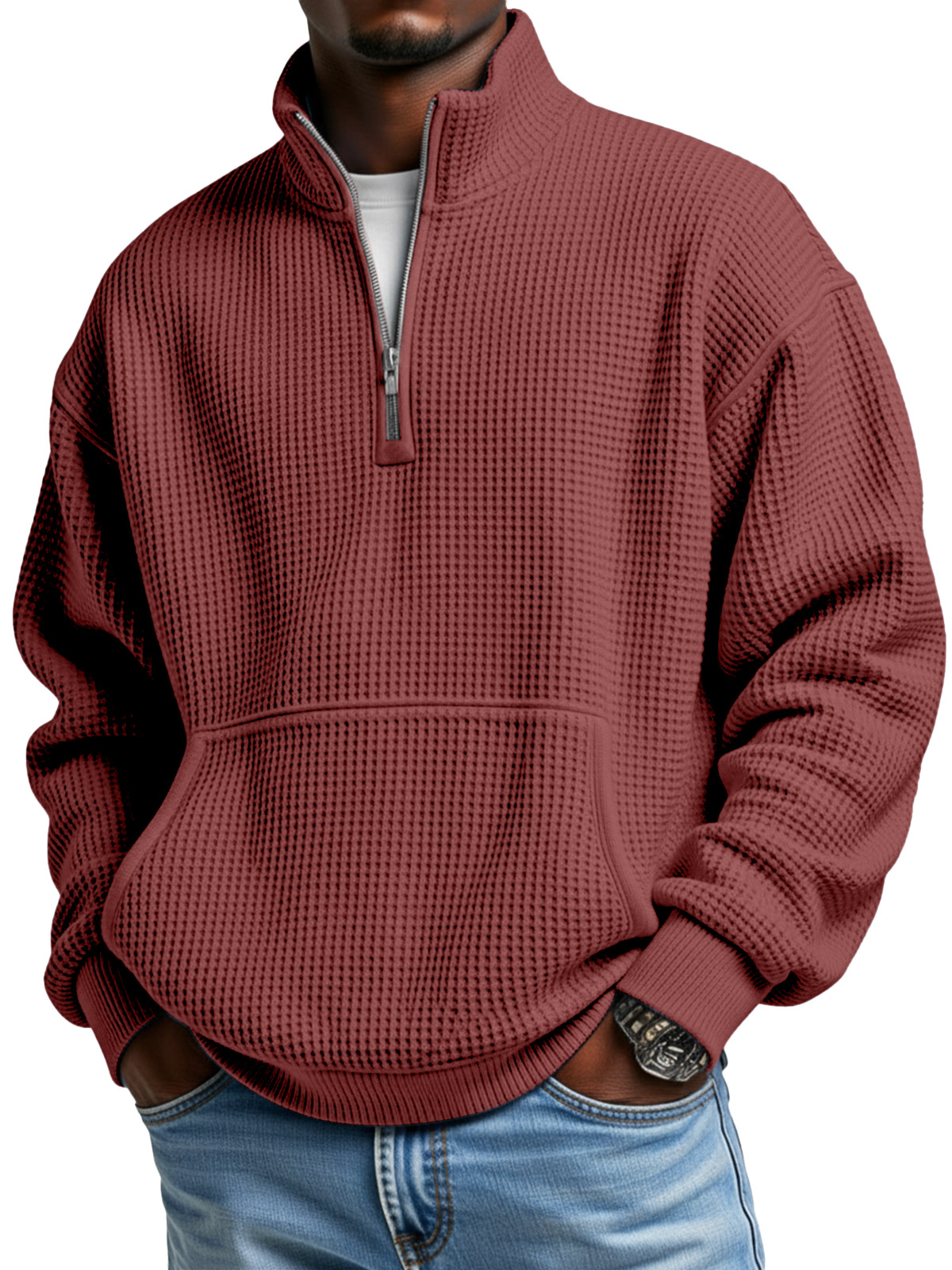 Men's Simple Everyday Waffle Kangaroo Pouch Zipper Stand Collar Polo Shirt