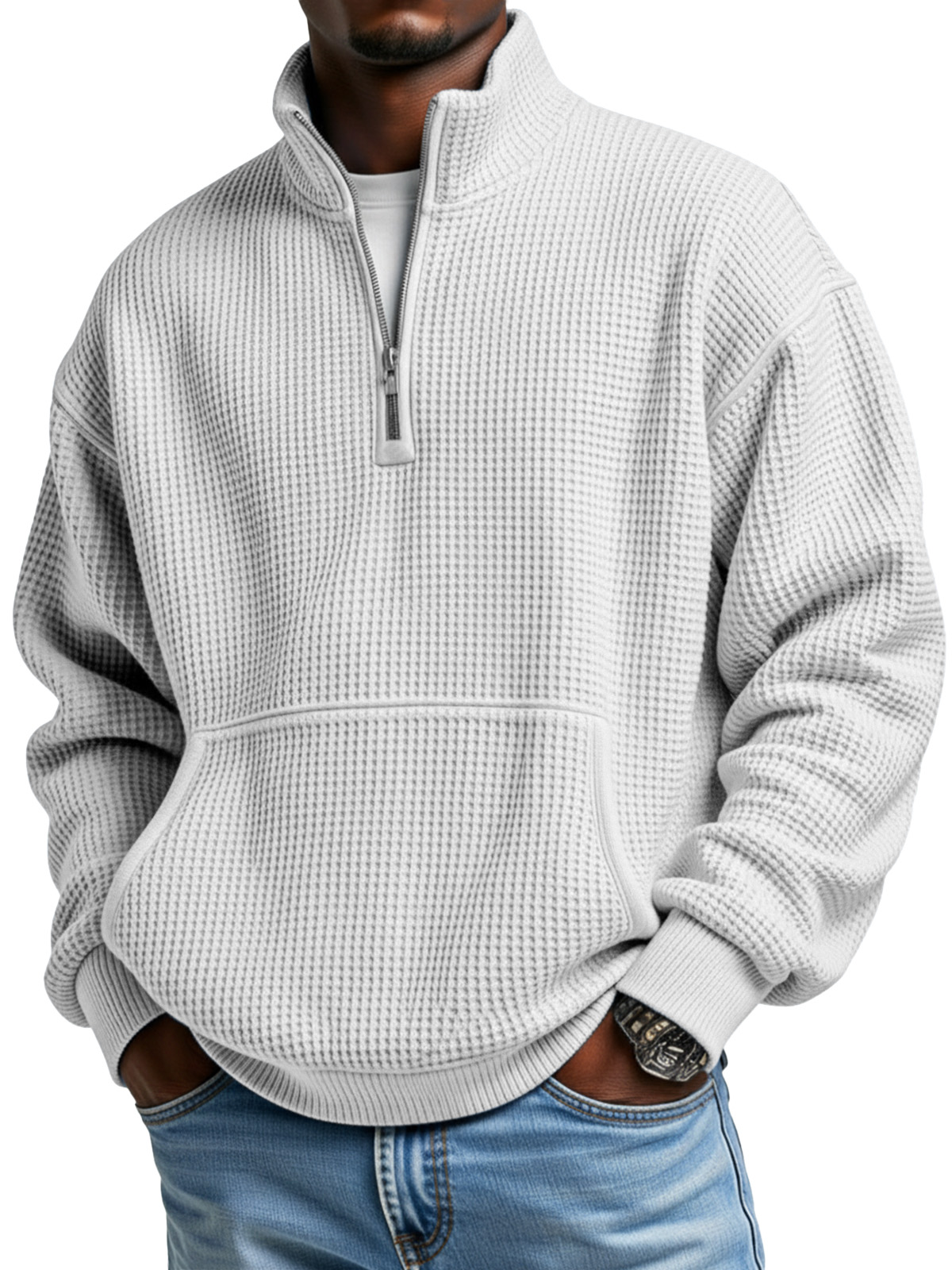 Men's Simple Everyday Waffle Kangaroo Pouch Zipper Stand Collar Polo Shirt