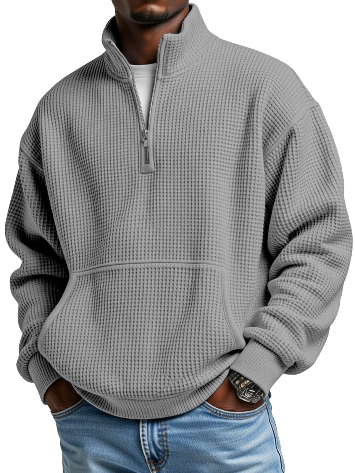 Men's Simple Everyday Waffle Kangaroo Pouch Zipper Stand Collar Polo Shirt